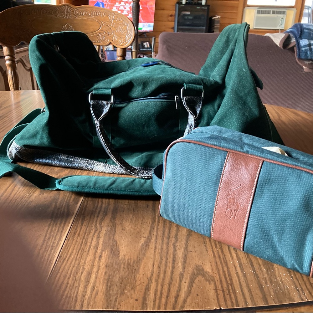 Green and gray snake skin like carry-on luggage with Ralph Polo grooming bag